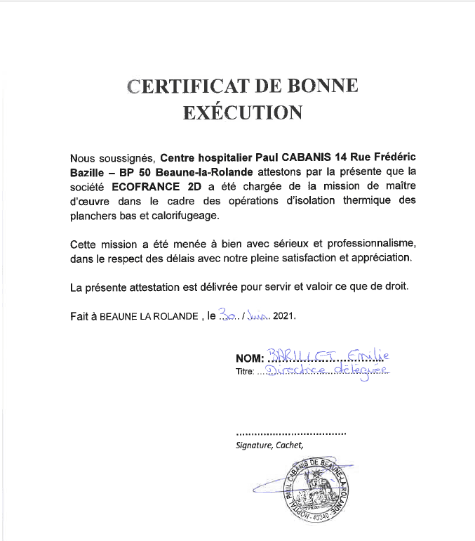 Aperçu du certificat de bonne exécution — Centre hospitalier Paul Cabanis