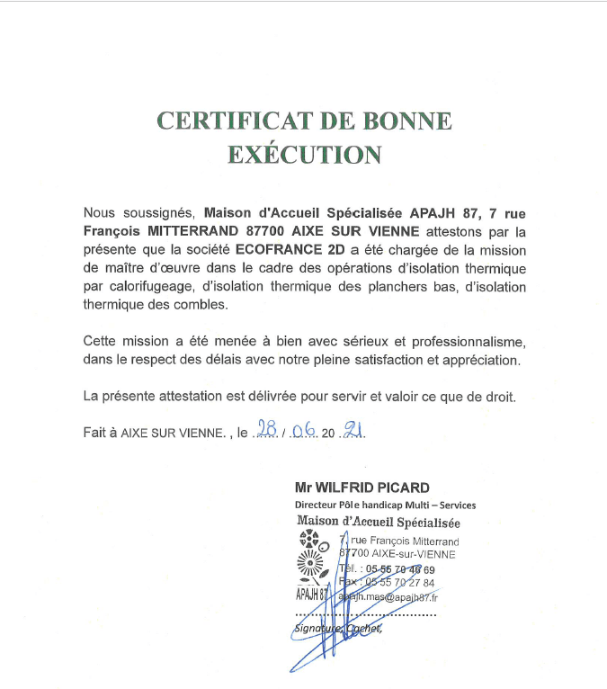 Aperçu du certificat de bonne exécution — MAS APAJH 87