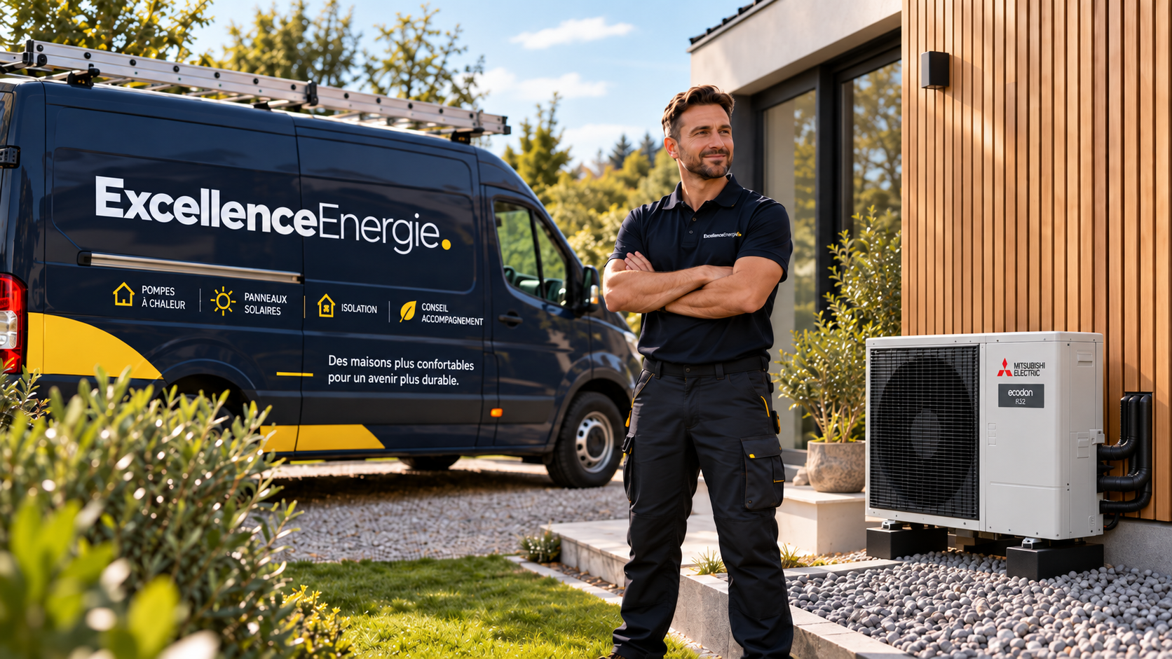 Illustration d’un technicien et d’un véhicule ExcellenceEnergie sur le terrain