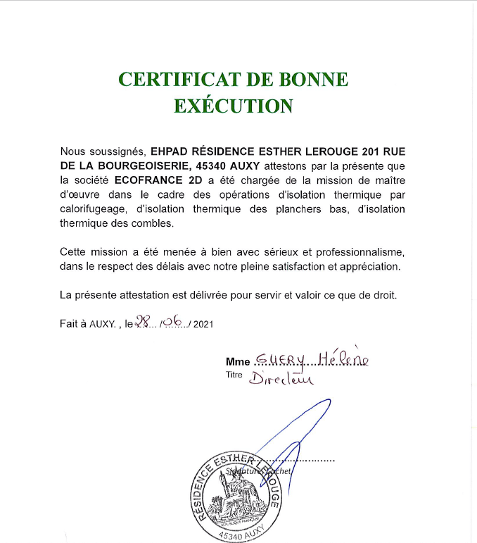 Aperçu du certificat de bonne exécution — EHPAD Résidence Esther Lerouge