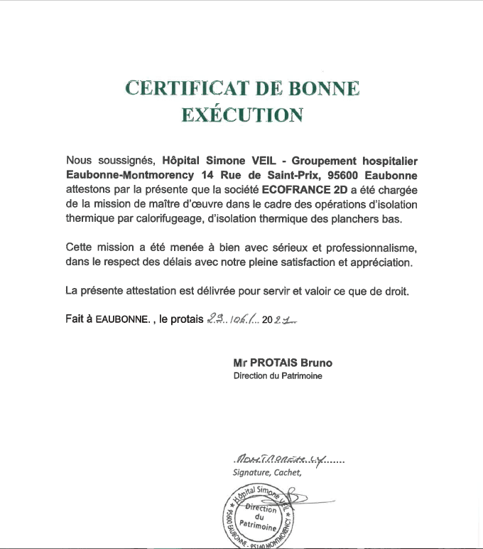 Aperçu du certificat de bonne exécution — Hôpital Simone Veil