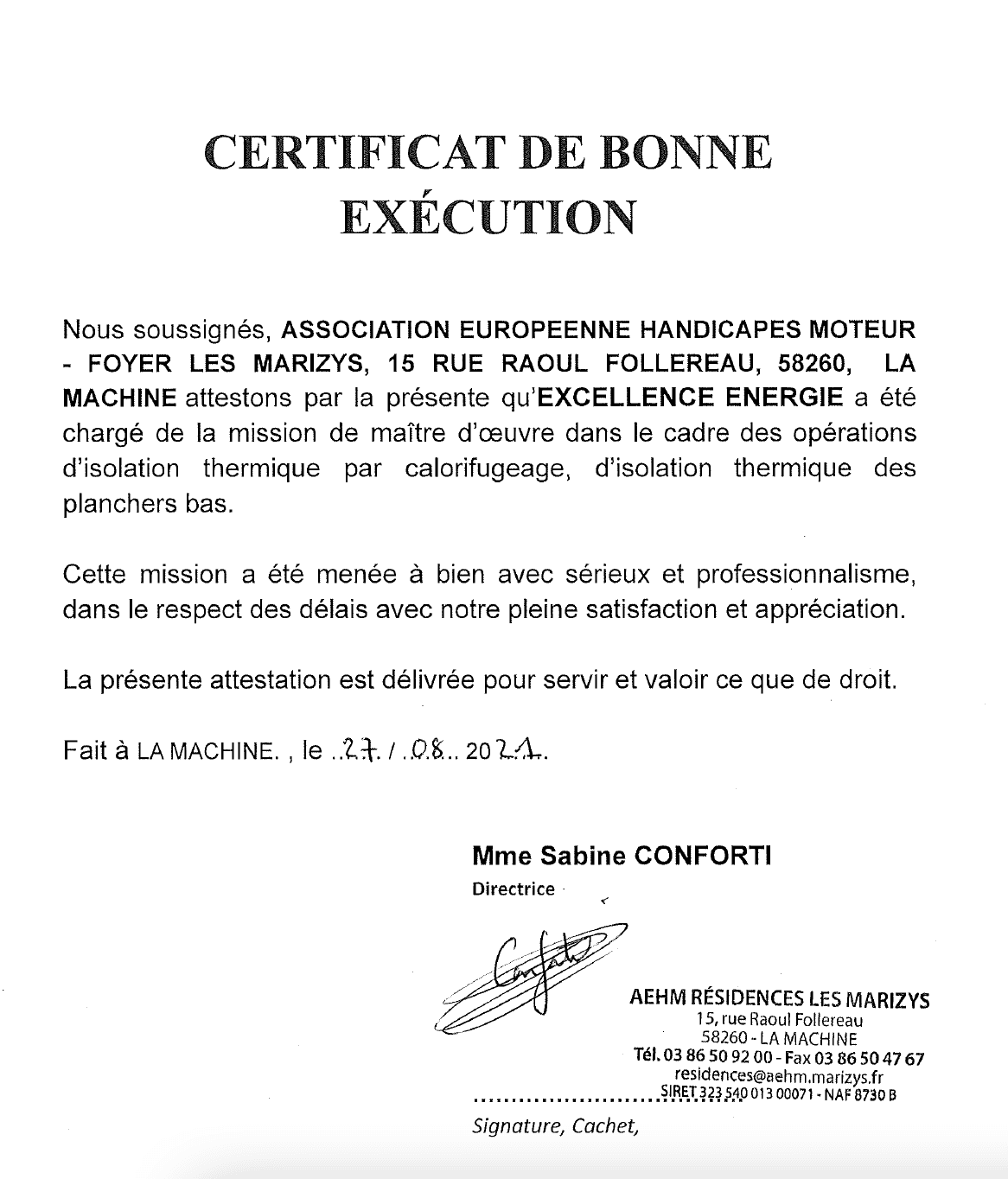 Aperçu du certificat de bonne exécution — AEHM Foyer Les Marizys