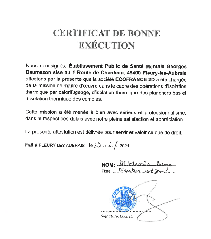 Aperçu du certificat de bonne exécution — EPSM Georges Daumezon